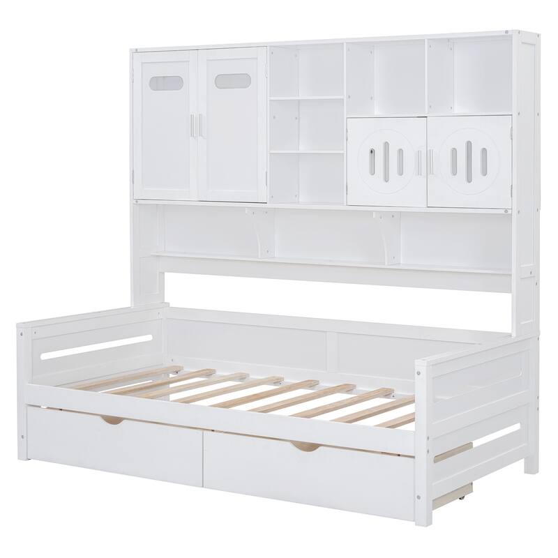 Twin Size Wooden Daybed with 2 Drawers, All-in-One Cabinet and Shelf for Bedroom