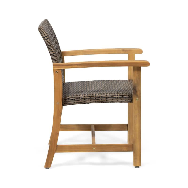 2pc Hampton Dining Chair Set Brown Acacia Wood and Wicker Outdoor Patio Furniture 33in Height