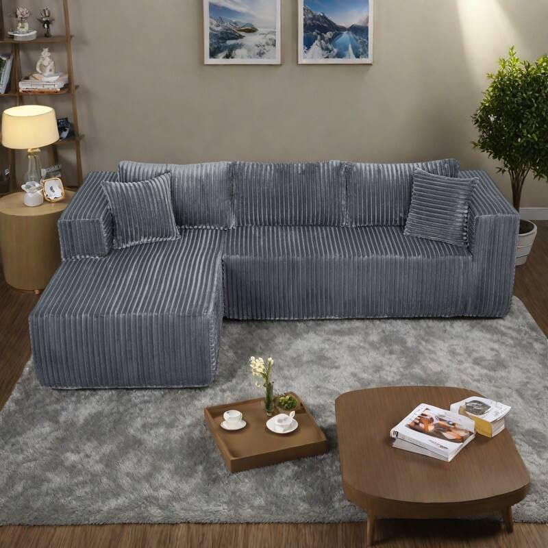 105.11" L-Shaped Chenille Sectional Sofa with All-Foam Structure, 6 Pillows and Space-Saving Design (Right Chaise) - Gray