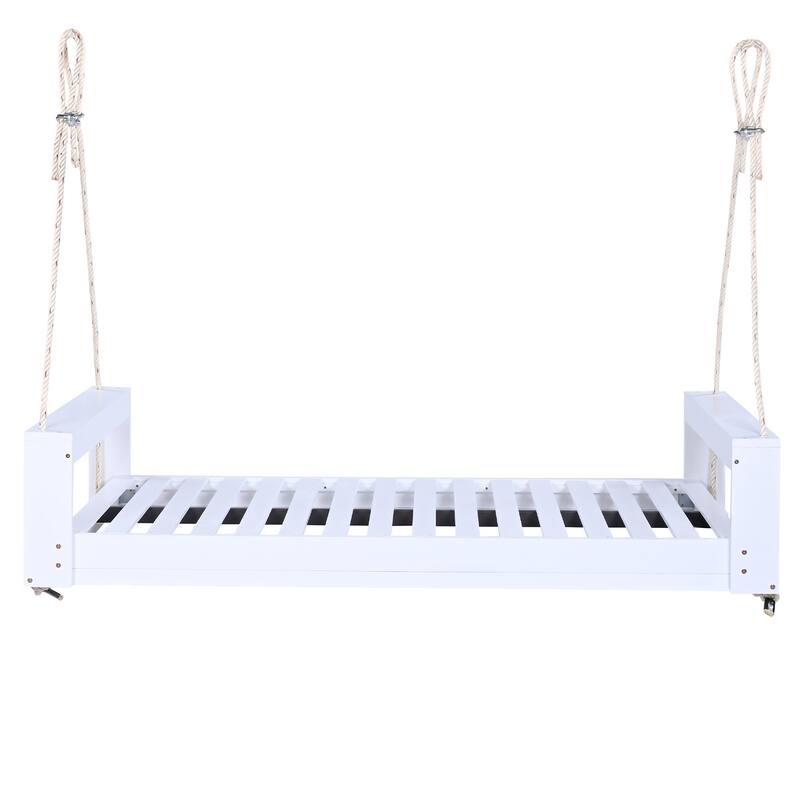 Twin Size Porch Swing Bed Seating Group, Patio Acacia Wood Swing Frame with Hemp Ropes for Garden