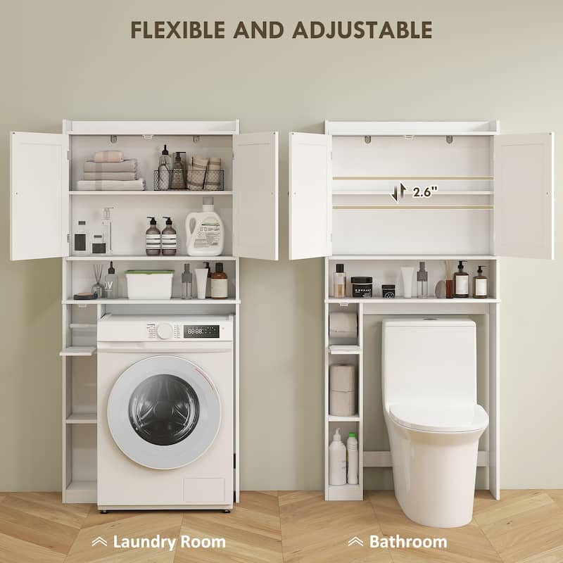 MDF Over Toilet Storage Cabinet with Doors and Adjustable Shelf - 31.5" W x 7.7" D x 66.9" H