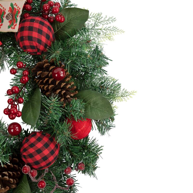 Green Pine Artificial Christmas Wreath Bows Plaid Ornaments 24" Unlit