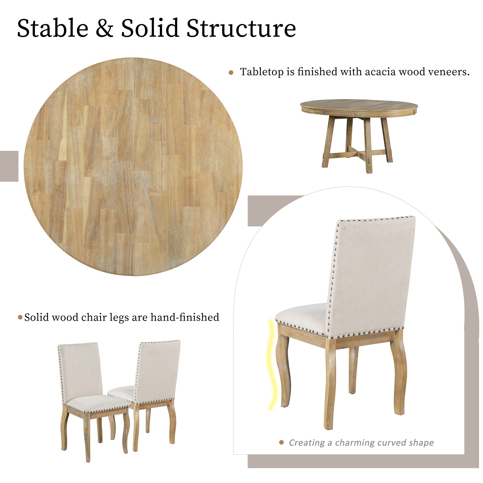 5 Piece Farmhouse Dining Table Set Wood Round Extendable Dining