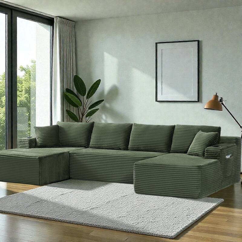 Compressible U-Shaped Modular Sectional Sofa, Corduroy Cloud Couch, 6-Seat Minimalist Living Room Sofa