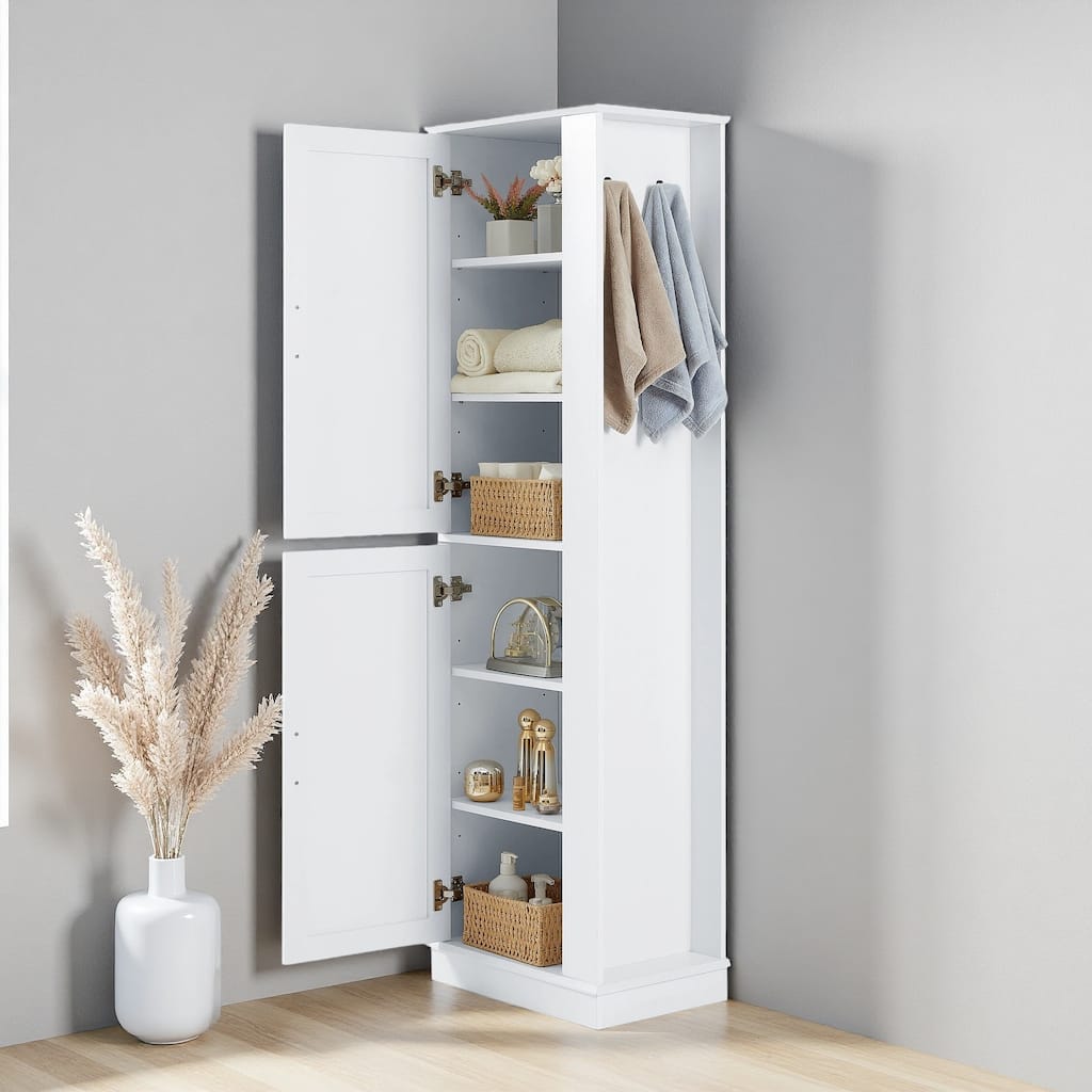 68"H Tall Bathroom Storage Cabinet, Freestanding Storage Cabinet with Hook and Adjustable Shelf, MDF Board