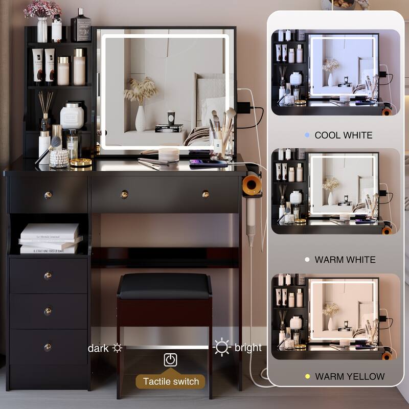 37" Middle Size Left Drawer Desktop Vanity Table + Cushioned Stool Dresser Set, Large Touch Control LED Sliding Mirror