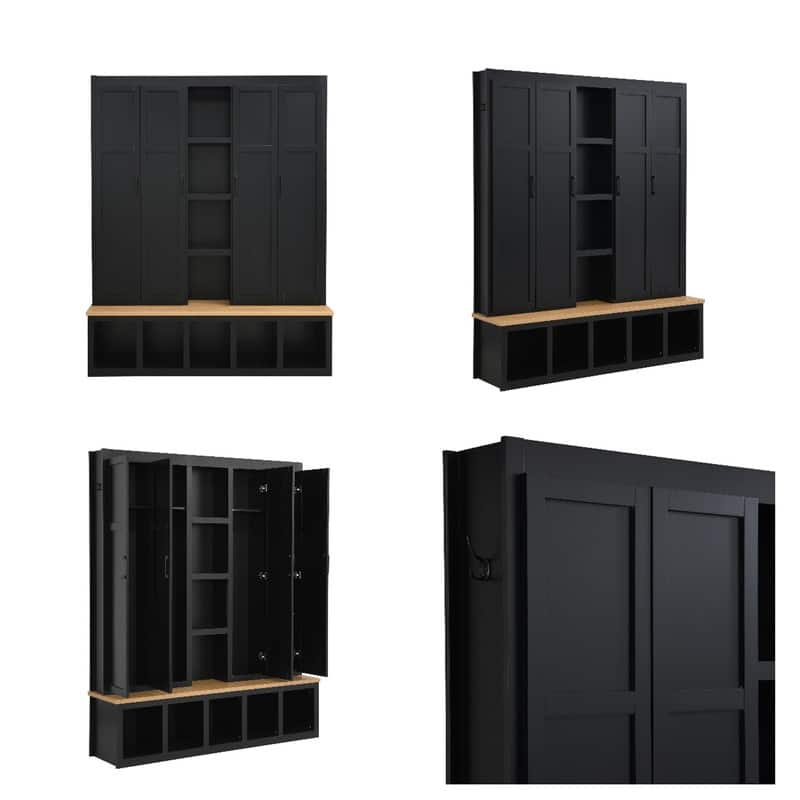 4-in-1 Hall Tree with 6 Hanging Hooks, Entryway Shoe Cabinet with Open Compartments, Wood Bench with Multiple Storage Space