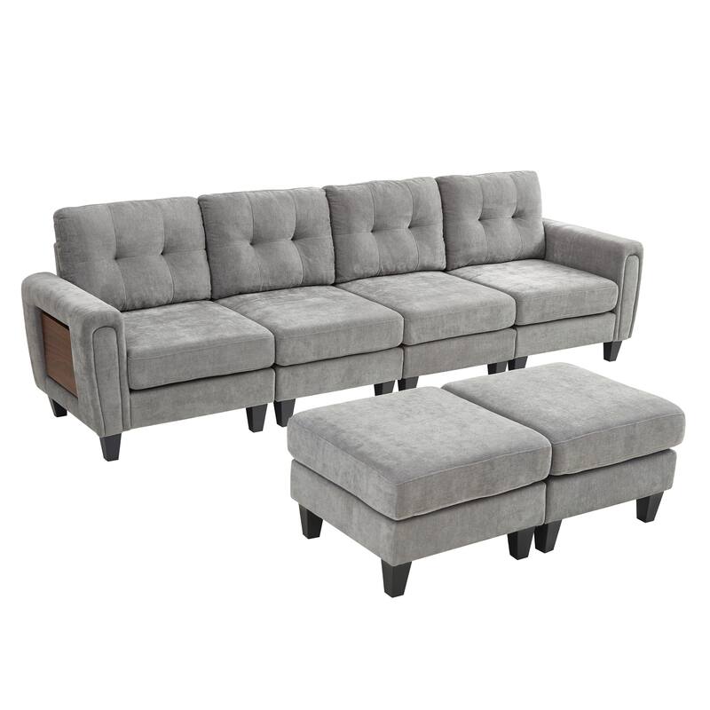 Roomfitters 115 Inch U-Shaped Sectional Sofa with 2 Ottomans and Foldable Side Tables, Chenille