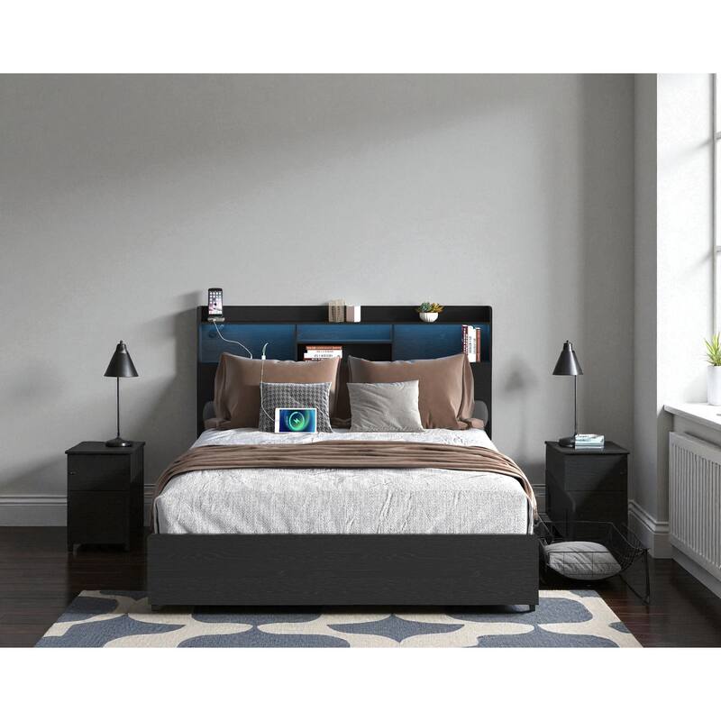 Bed Frame with 4 Storage Drawers, LED Headboard Shelf, Charging Station, No Noise Metal Platform Bed No Box Spring Needed