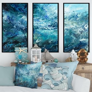 Designart "Wild Blue Ocean Waves V" Nautical & Coastal Framed Artwork Set of 3 - 4 Colors of Frames