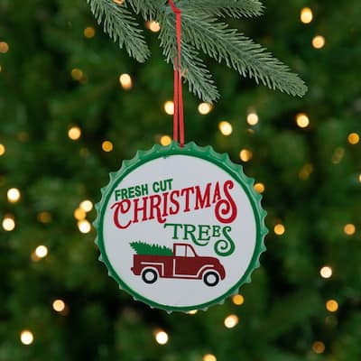 4" White Iron Cap "Fresh Cut Christmas Tress" With a Vintage Truck Ornament