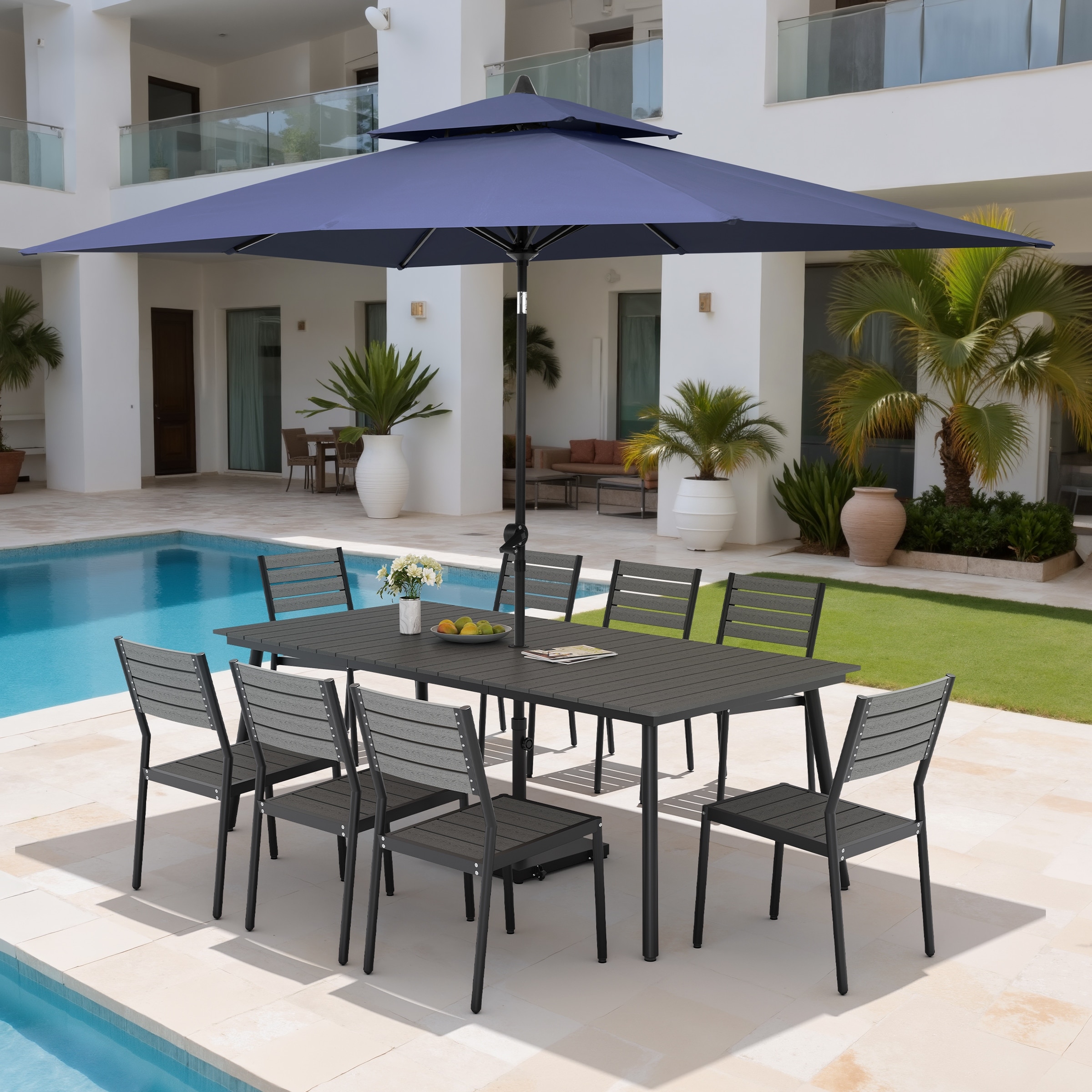 11PC Outdoor Patio Dining Set Wood-Like Aluminum Table with Stackable Chairs,Double Top Market Umbrella and Wheel Base