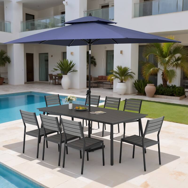 11PC Outdoor Patio Dining Set Wood-Like Aluminum Table with Stackable Chairs,Double Top Market Umbrella and Wheel Base - GreyTable&GreyChairs&NavyBlueUmbrella