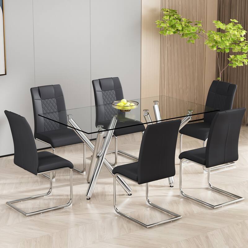 Leather Dining Chair Set of 6 Office Chair with C-Shaped Metal Legs - Black