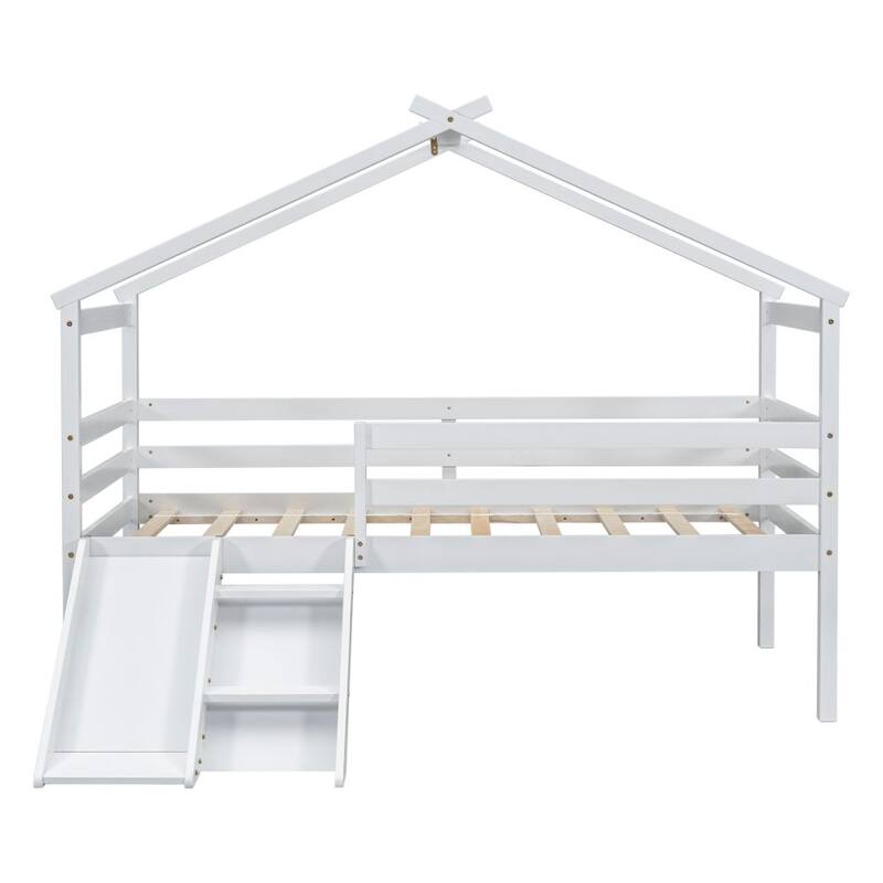 Twin Low Loft House Bed with Slide, Ladder, Safety Guardrails, House Roof Frame