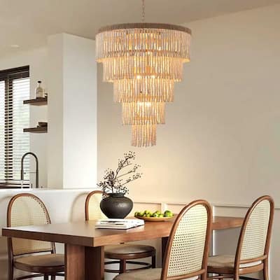 Bohemian Tiered Wood Beads Shade 9-Light Coastal Chandelier Light