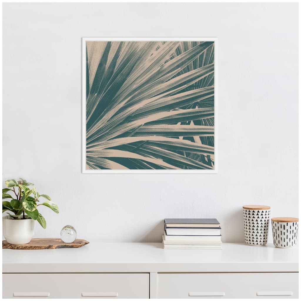 Kate and Laurel Sylvie Modern Retro Teal Maximalist Palm Leaves Framed Canvas by Stephanie Klatt