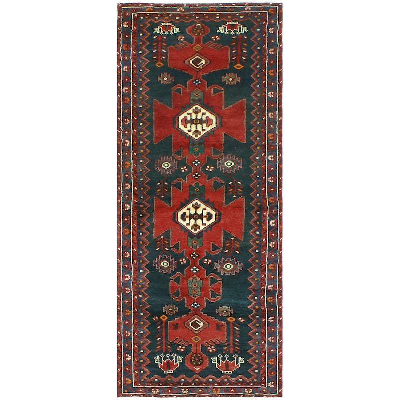 Fine Vintage Distressed Hussain Red/Charcoal Runner - 3'6" x 8'7"