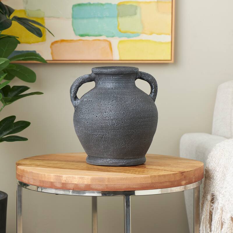 Black Ceramic Whitewashed Textured Amphora Vase with 2 Handles - Black - 11"W, 10"H