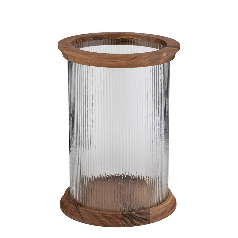 Fluted Glass Candle Lantern with Acacia Wood Base - 15"