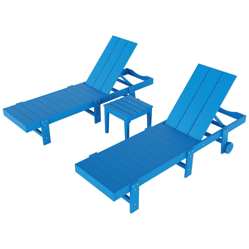 Polytrends Shoreside Modern Poly Eco-Friendly All Weather Reclining Pool Chaise Lounge With Wheels and Side Table (3-Piece Set)