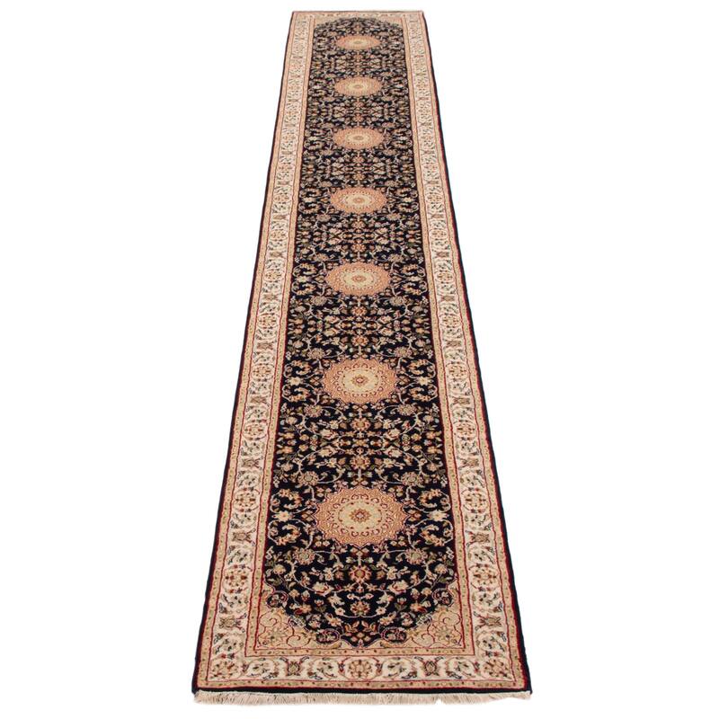 ECARPETGALLERY Hand-knotted Nain Dark Navy Silk, Wool Rug - 2'8 x 16'2