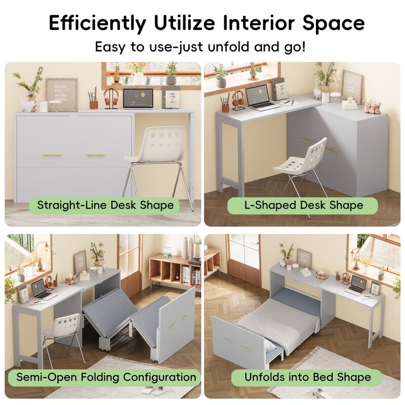 Convertible Twin Murphy Chest Bed with Adjustable L-Shaped Desk and Built-in Cushion for Small Rooms