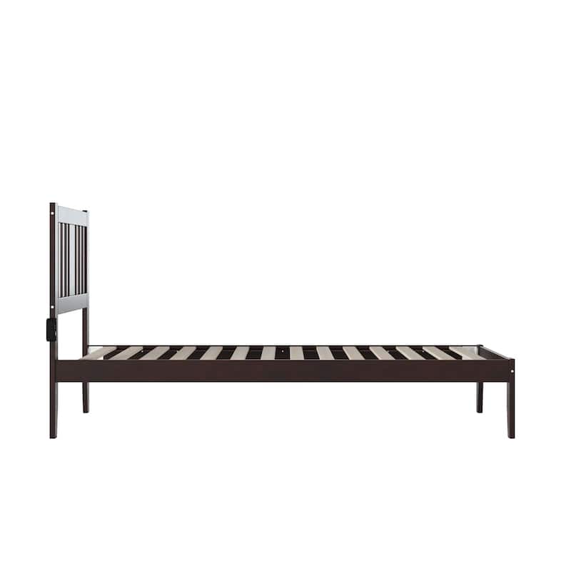 Rustic Twin XL Bed - Espresso Wood Frame with Slat Kit & Charging Station - 38.38" x 81.5"