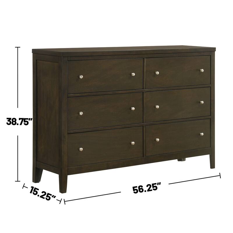 6 Drawers Wooden Dresser with Brushed Nickel Hardware in Dark Cocoa