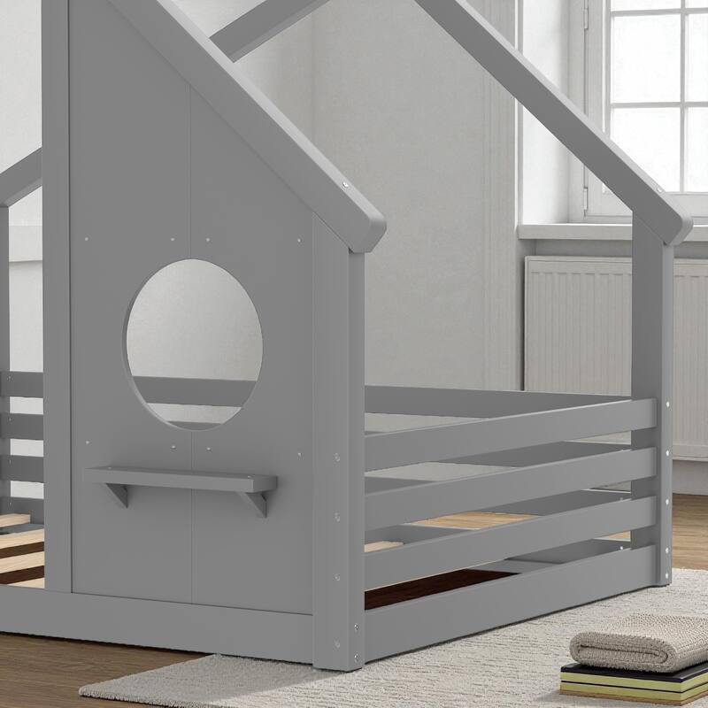 Twin/Full Size Solid Wood House Floor Bed with Window and Shelf, Montessori Low Bed Frame for Kids, No Box Spring Needed