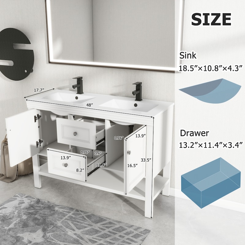 36"/48" Open Shelf Bathroom Vanity with Drop in Sink Drawer