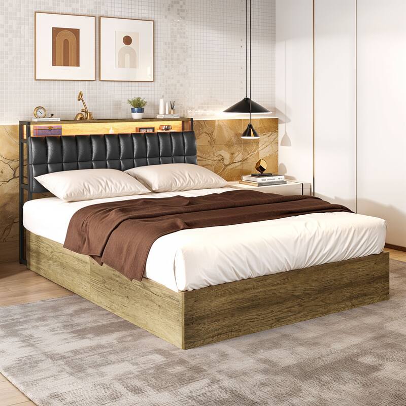 Moasis Lift-Up Storage Bed Frame with Charging Station & Storage Headboard