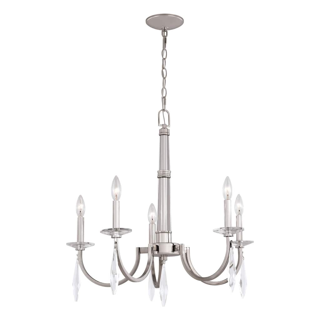 5-Light Candle Chandelier - Satin Nickel Finish - Crystal Accents - Modern Lighting Fixture - 24.25
