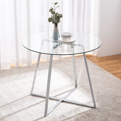 Round Glass Dining Room Table, Modern Tempered Glass Top, Sturdy Chrome ...