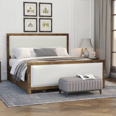 Full Size Upholstered Platform Bed with Wood Frame and 4 Storage Drawers, Headboard & Footboard, Natural Wooden+beige Fabric