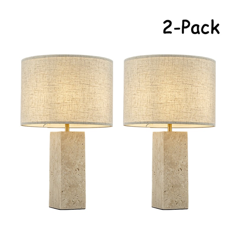 1-Light 22'' Modern Coastal Natural Rectangular Travetine Table Lamp With Beige Linen Shade For Bedroom and Living Room(2-Pack) - W14'' - Beige