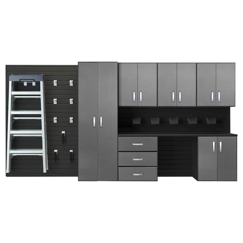 Flow Wall 24 Piece PVC Indoor Deluxe Cabinet Storage Set - Black Slatwall / Graphite Carbon Cabinets