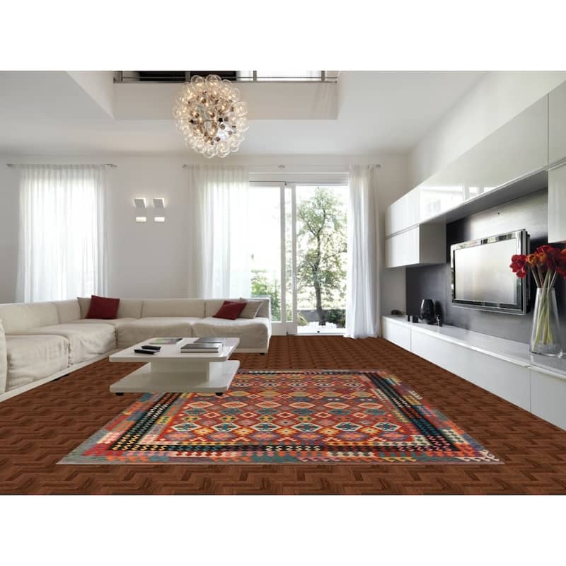 All-Over Geometric Kilim Oriental Area Rug Hand-Woven Wool Carpet - 9'10"x 12'8"