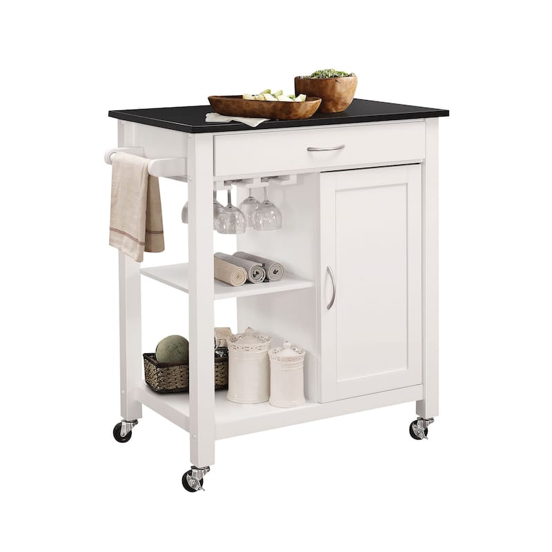 Kitchen Island Rolling Bar Cart on Wheels, Rustic Modern Furniture with Storage Cabinets & Two Open Shelves 32 Inch