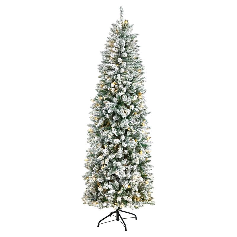 7' Flocked Slim Montreal Artificial Christmas Tree, Warm Clear LED - 7 Foot
