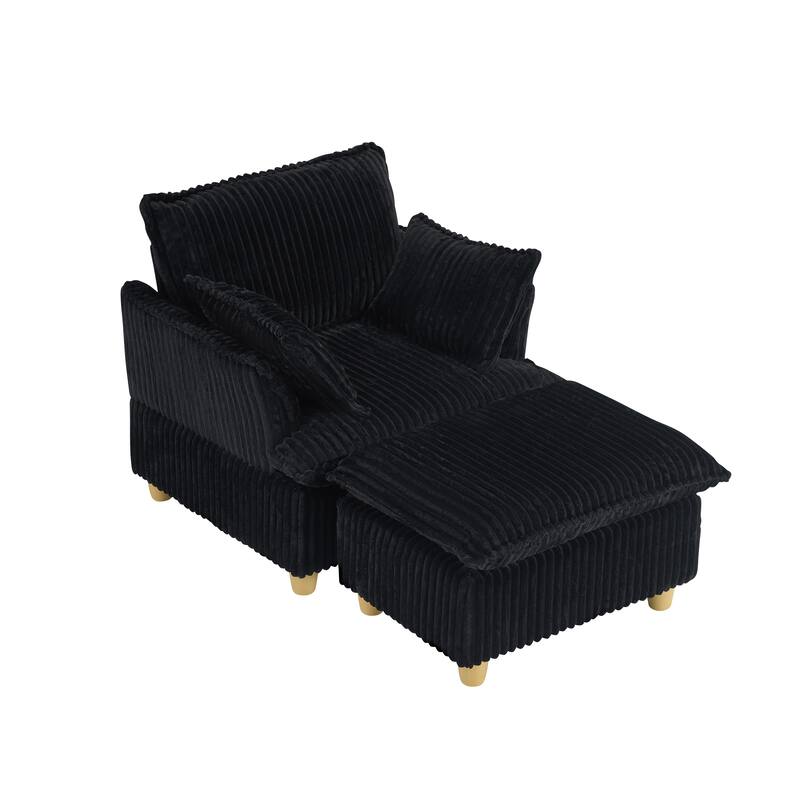 Single Sofa with Ottoman, Comfy Corduroy Upholstered Armchair, Lounge Chair with Throw Pillows for Living Room, Balcony