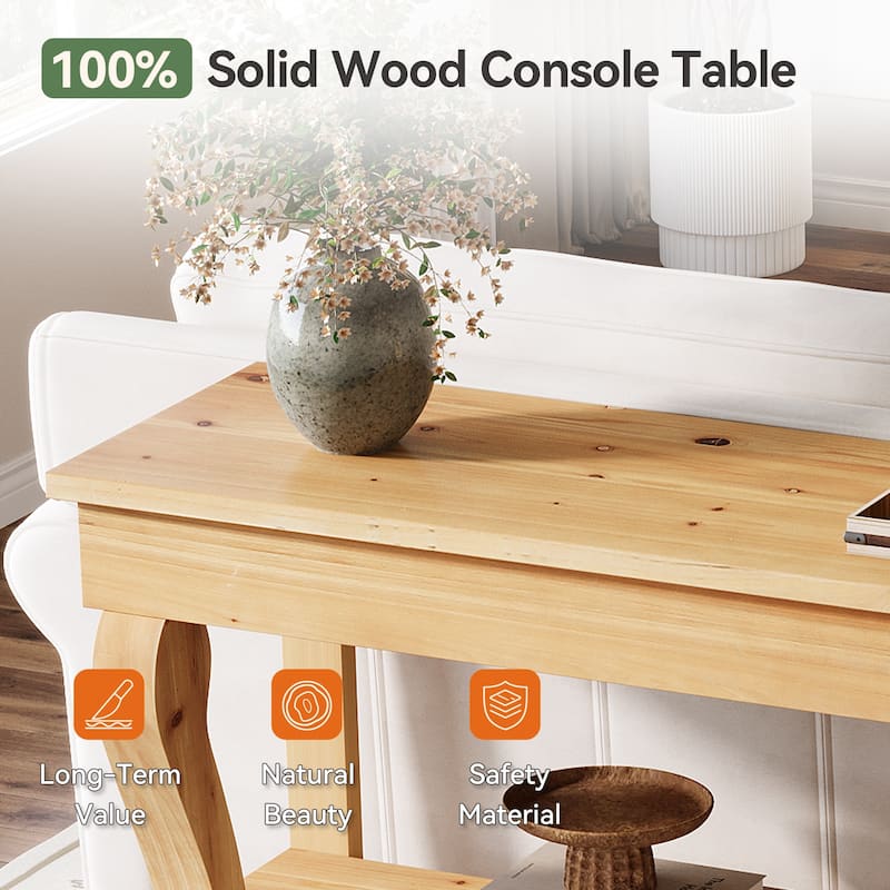 63 Inch Solid Wood Console Table for Entryway, 3-Tier Storage Shelves