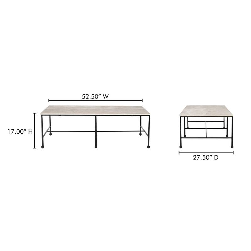 NADAAL STUDIOS Tylienne Coffee Table, Italian Botticino Marble, Hammered Blackened Iron Base