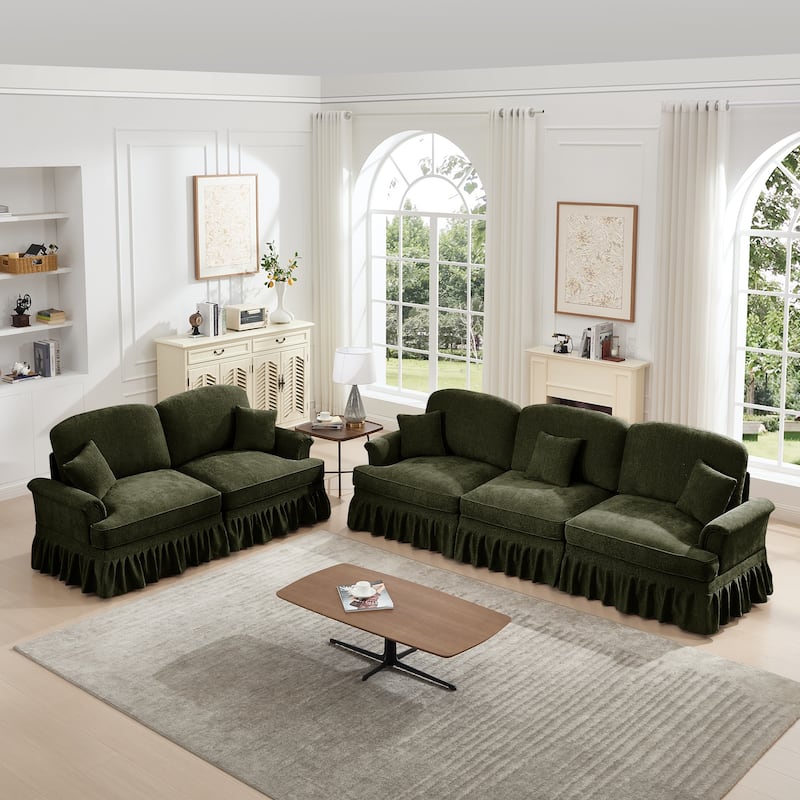 GDFStudio - Classic Chenille Modular Sofa Set with Flared Arms and Removable Ruffles Pleats Skirts - Green