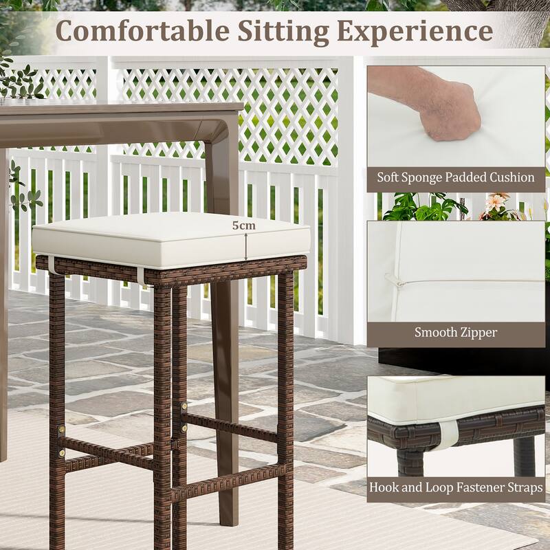 Gymax Wicker Bar Stools Set of 4 w/ Removable Seat Cushions Footrest