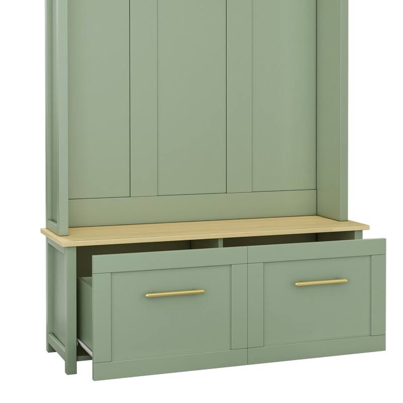 4-in-1 Hall Tree with 6 Golden Hooks Wooden Bench 2 Drawers for Entryway