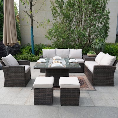 7 Pieces Patio Wicker Sofa with Square Firepit Dinging Table