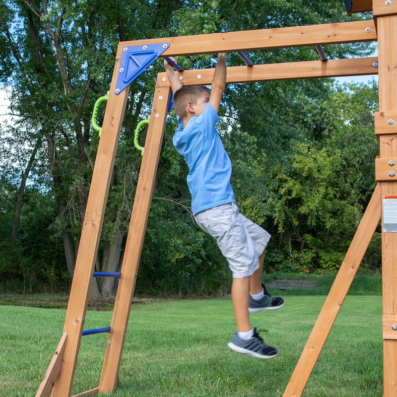 Backyard Discovery Beach Front Cedar Wood Swing Set, Slide, Play Deck - 14'1" x 14'5"