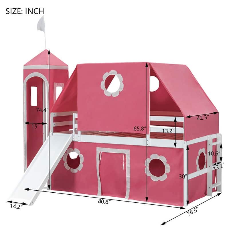 Twin Size Loft Bed with Slide,Tent and Tower