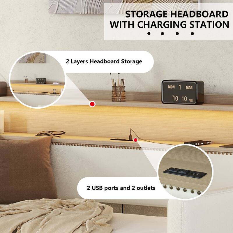 Twin Size Daybed with Storage Drawers, Upholstered Daybed with Charging Station and LED Lights